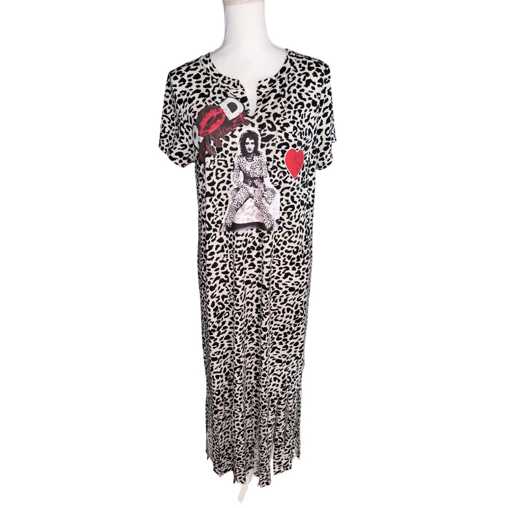 Rod Stewart Rock Band Black/White Leopard Print Fringe Long T-Shirt Dress szL